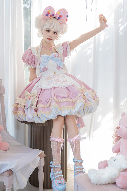Lolita Dress - Print Ruffle Bowknot Lace-up, Pink, Lace Trim, Ruffled, Printed - additional product view 4