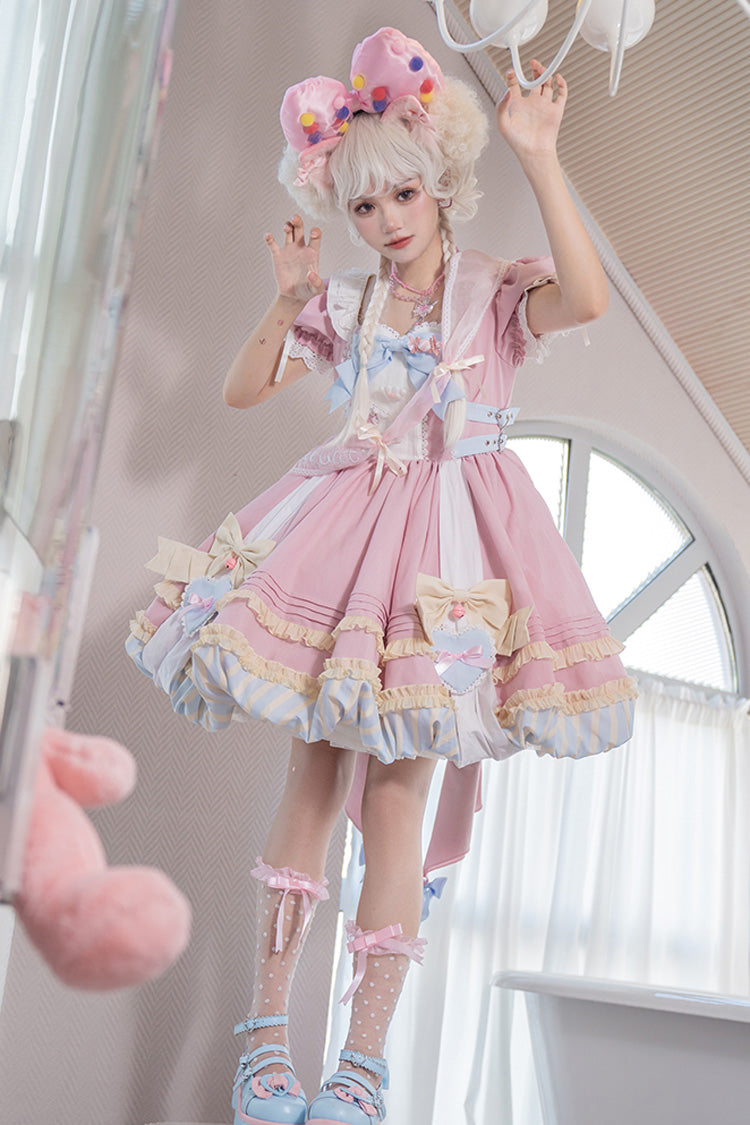 Lolita Dress - Print Ruffle Bowknot Lace-up, Pink, Lace Trim, Ruffled, Printed - additional product view 5