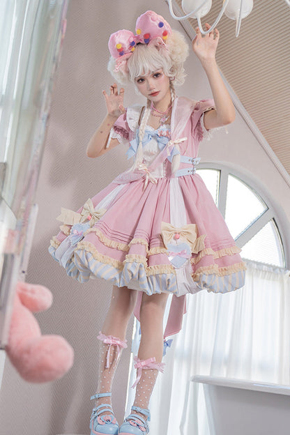 Lolita Dress - Print Ruffle Bowknot Lace-up, Pink, Lace Trim, Ruffled, Printed - additional product view 5