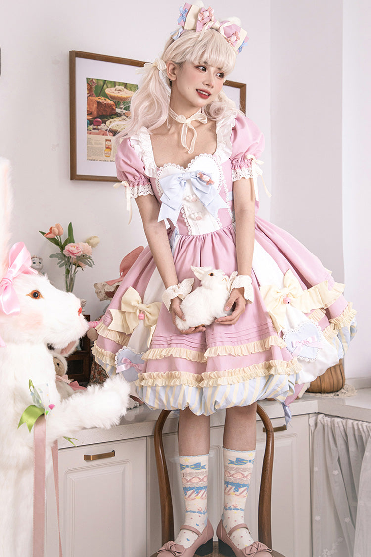Lolita Dress - Print Ruffle Bowknot Lace-up, Pink, Lace Trim, Ruffled, Printed - additional product view 6