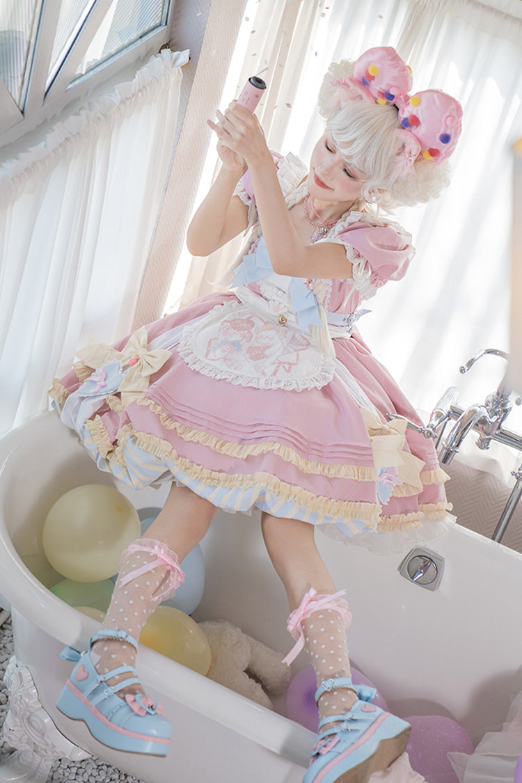 Lolita Dress - Print Ruffle Bowknot Lace-up, Pink, Lace Trim, Ruffled, Printed - additional product view 7