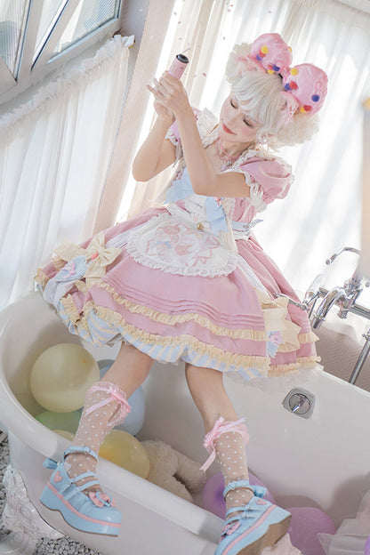 Lolita Dress - Print Ruffle Bowknot Lace-up, Pink, Lace Trim, Ruffled, Printed - additional product view 7