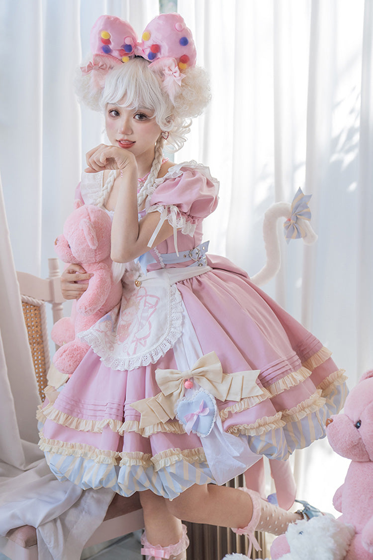 Lolita Dress - Print Ruffle Bowknot Lace-up, Pink, Lace Trim, Ruffled, Printed - main product image