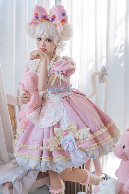 Lolita Dress - Print Ruffle Bowknot Lace-up, Pink, Lace Trim, Ruffled, Printed - main product image