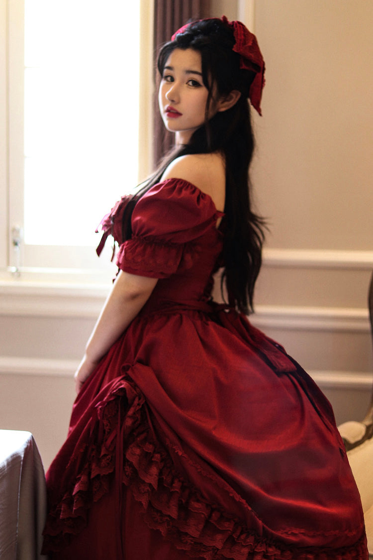 Lolita Dress - Puff Multi-layered Ruffle, Red, Puff Sleeves, Ruffled, Classic Style - additional product view 2