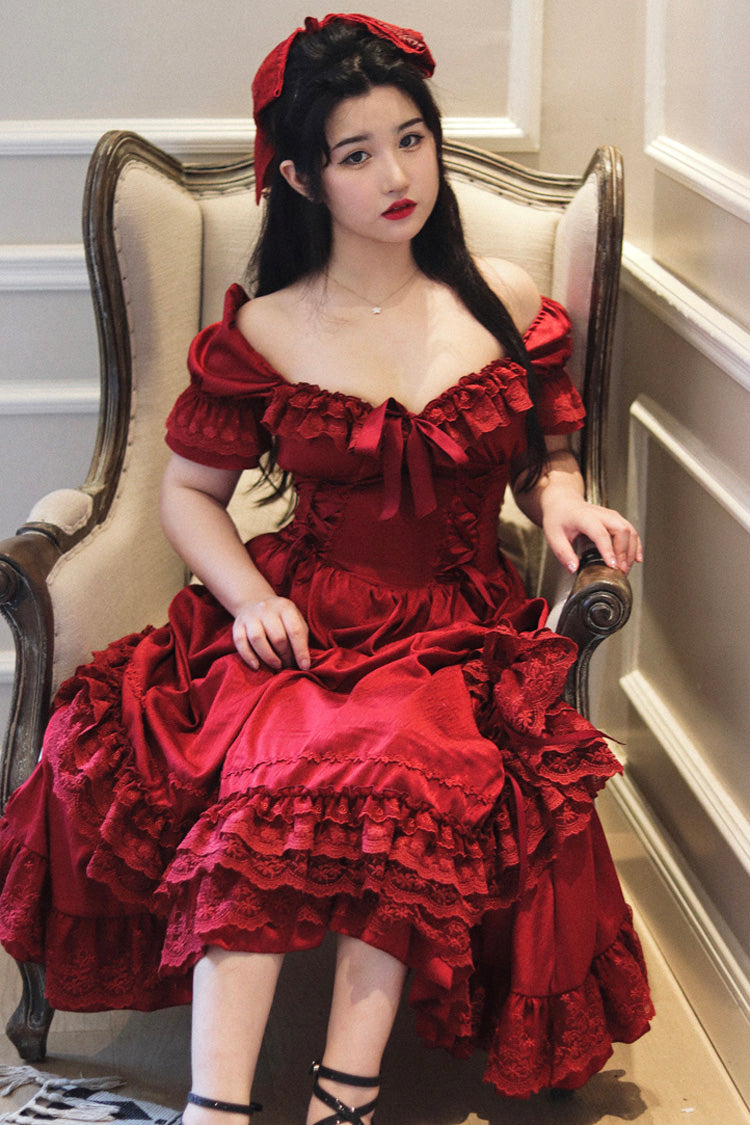 Lolita Dress - Puff Multi-layered Ruffle, Red, Puff Sleeves, Ruffled, Classic Style - additional product view 3