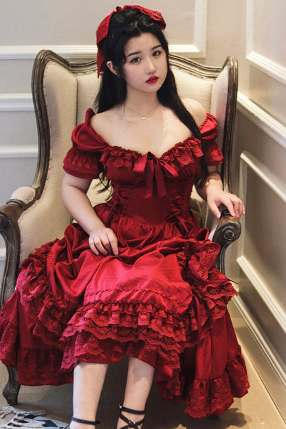 Lolita Dress - Puff Multi-layered Ruffle, Red, Puff Sleeves, Ruffled, Classic Style - additional product view 3