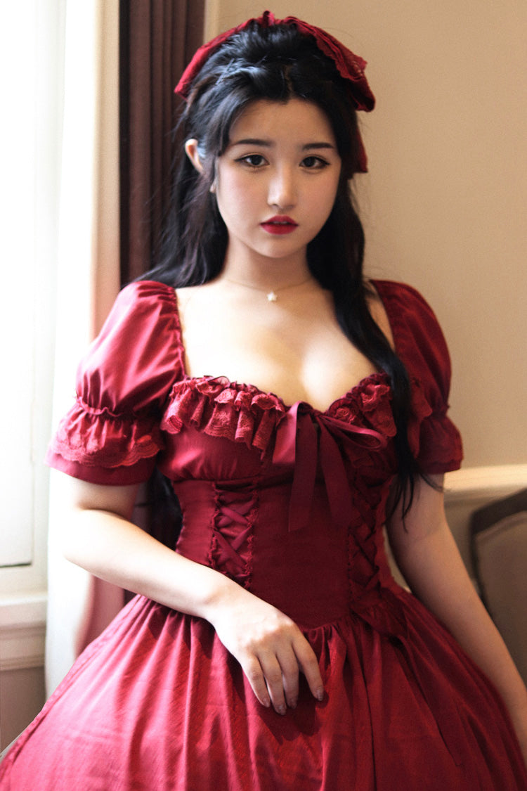Lolita Dress - Puff Multi-layered Ruffle, Red, Puff Sleeves, Ruffled, Classic Style - additional product view 4