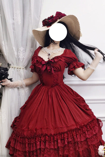 Lolita Dress - Puff Multi-layered Ruffle, Red, Puff Sleeves, Ruffled, Classic Style - additional product view 5