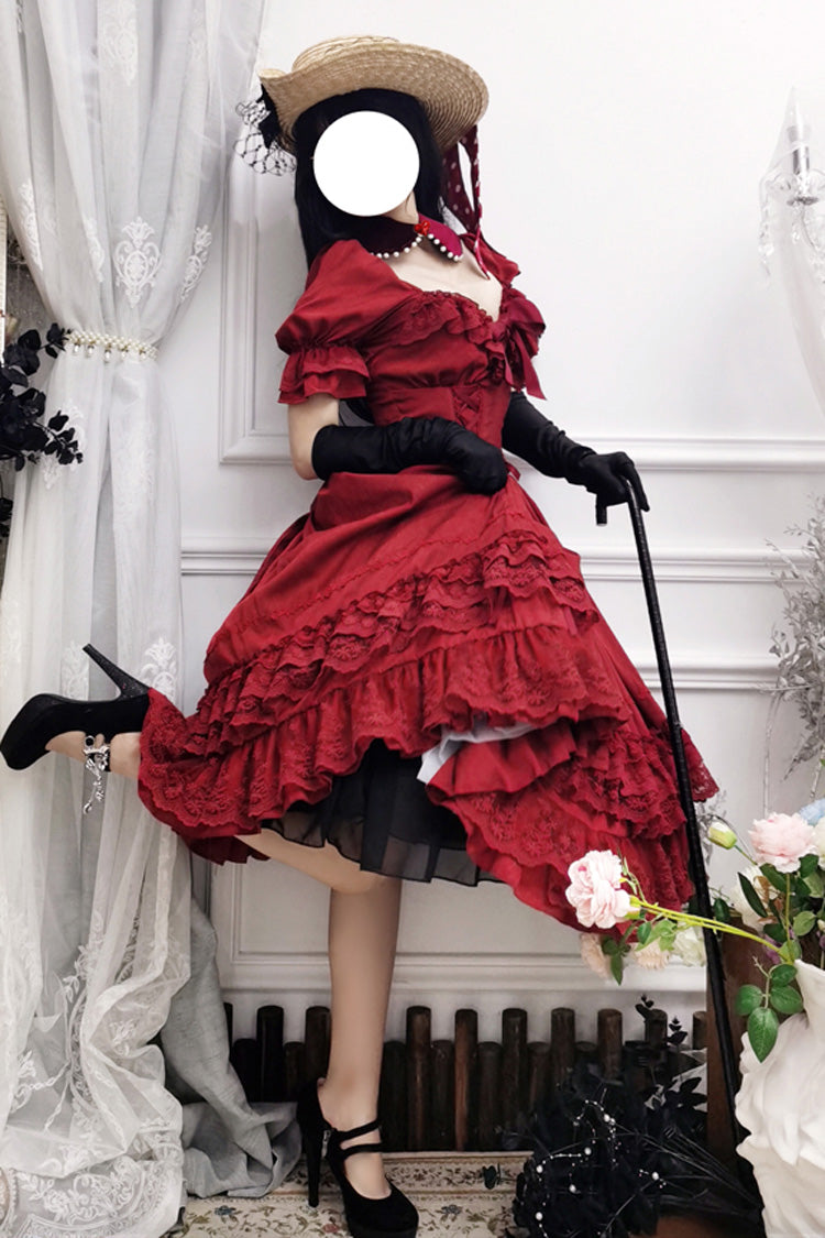 Lolita Dress - Puff Multi-layered Ruffle, Red, Puff Sleeves, Ruffled, Classic Style - additional product view 7