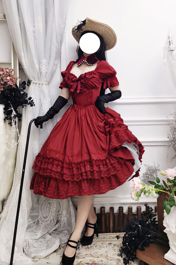 Lolita Dress - Puff Multi-layered Ruffle, Red, Puff Sleeves, Ruffled, Classic Style - additional product view 8