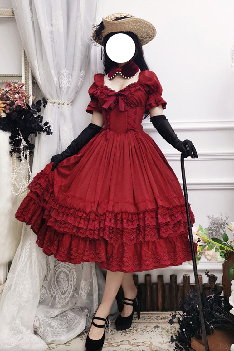 Lolita Dress - Puff Multi-layered Ruffle, Red, Puff Sleeves, Ruffled, Classic Style - additional product view 9