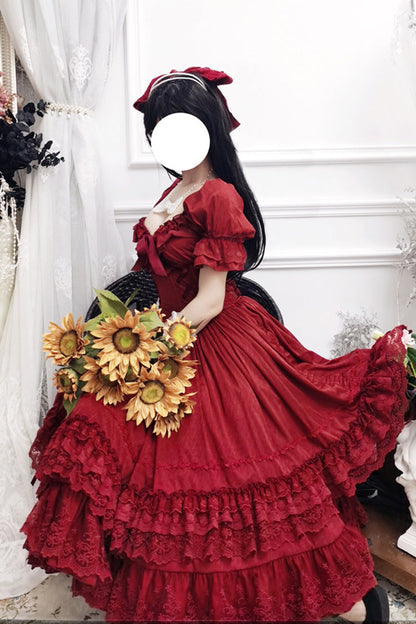 Lolita Dress - Puff Multi-layered Ruffle, Red, Puff Sleeves, Ruffled, Classic Style - additional product view 10