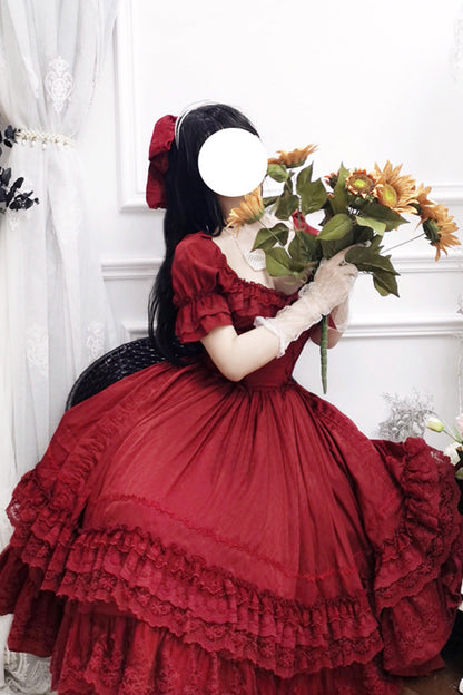 Lolita Dress - Puff Multi-layered Ruffle, Red, Puff Sleeves, Ruffled, Classic Style - additional product view 11