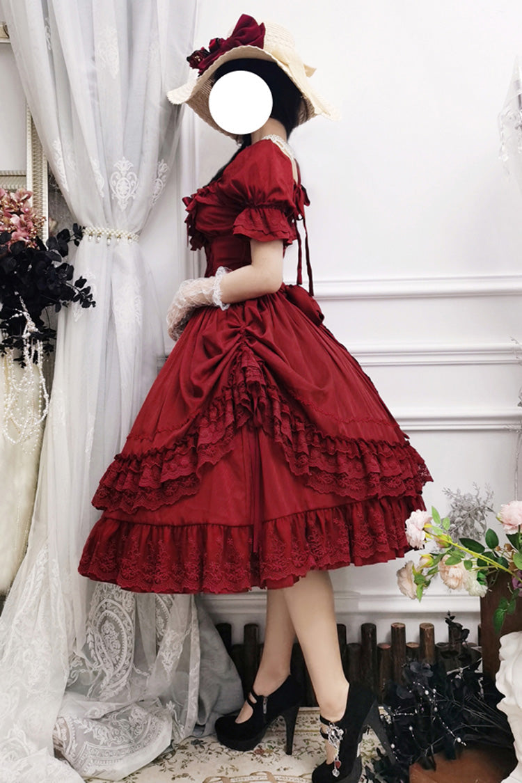 Lolita Dress - Puff Multi-layered Ruffle, Red, Puff Sleeves, Ruffled, Classic Style - additional product view 12