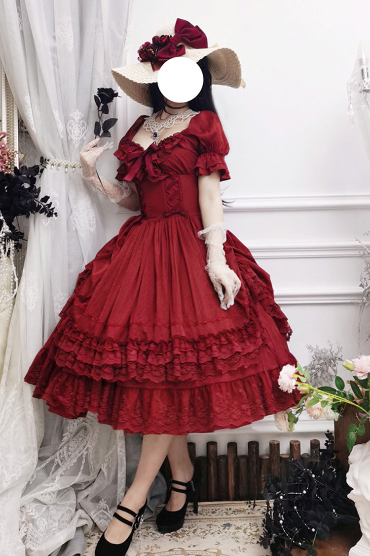 Lolita Dress - Puff Multi-layered Ruffle, Red, Puff Sleeves, Ruffled, Classic Style - additional product view 13