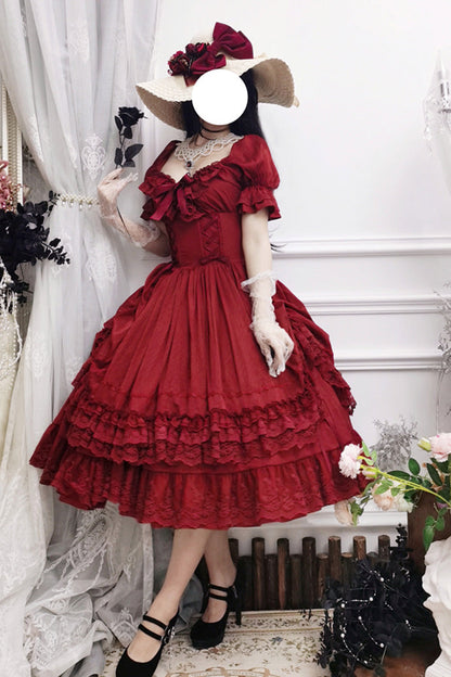Lolita Dress - Puff Multi-layered Ruffle, Red, Puff Sleeves, Ruffled, Classic Style - additional product view 13