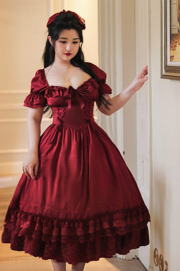 Lolita Dress - Puff Multi-layered Ruffle, Red, Puff Sleeves, Ruffled, Classic Style - main product image