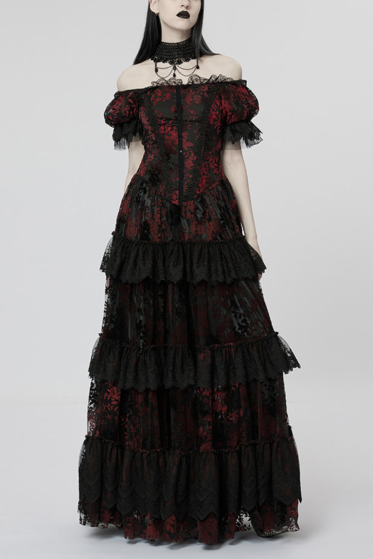 Lolita Dress - Puff Print Ruffle Lace, 2 Colors, Puff Sleeves, Women's Style, Ruffled - XS Black/Red / S Black/Red / M Black/Red option
