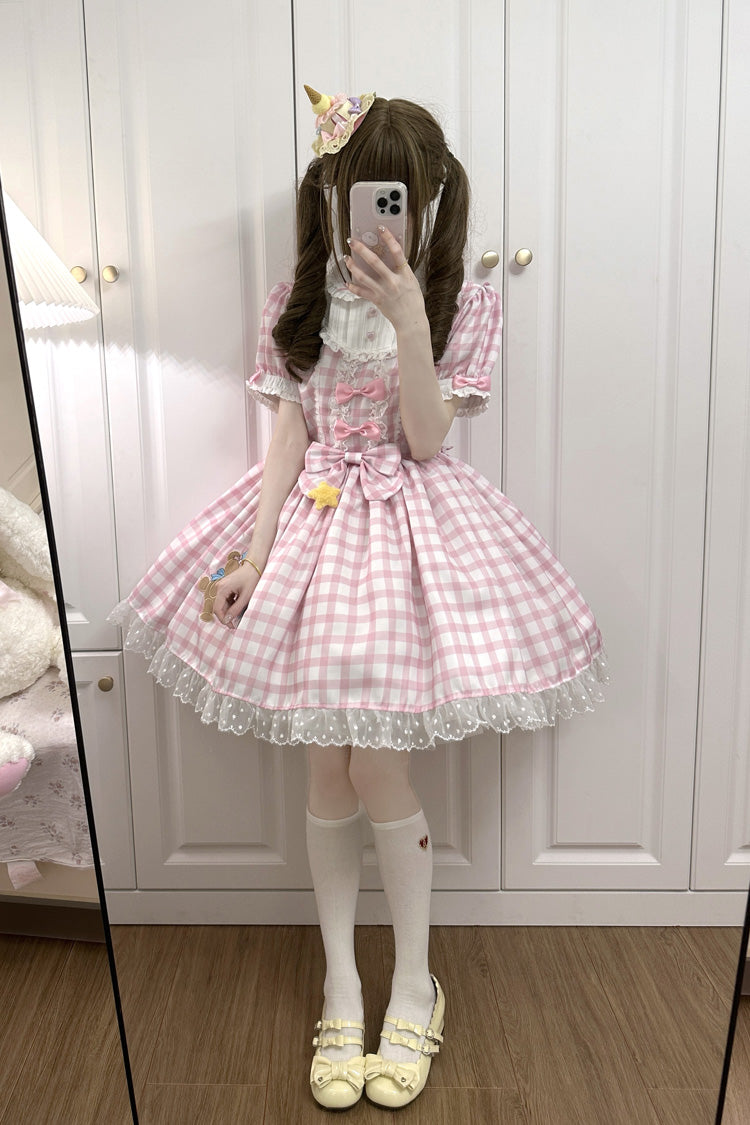 Lolita Dress - Rabbit & Bear Plaid Print, Pink, Plaid, Printed, Embroidered - additional product view 2
