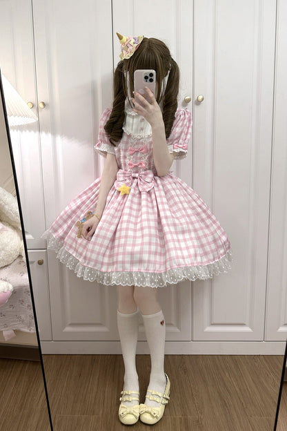Lolita Dress - Rabbit & Bear Plaid Print, Pink, Plaid, Printed, Embroidered - additional product view 2