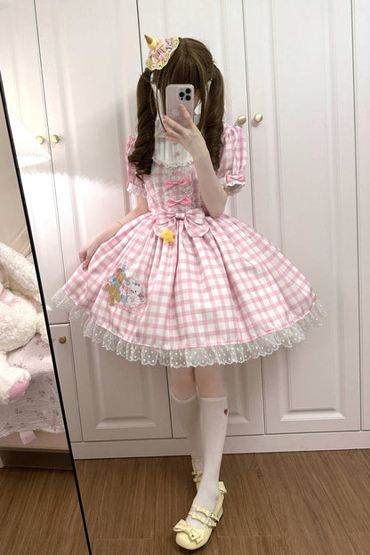 Lolita Dress - Rabbit & Bear Plaid Print, Pink, Plaid, Printed, Embroidered - additional product view 3