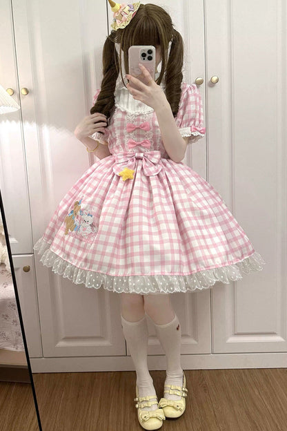 Lolita Dress - Rabbit & Bear Plaid Print, Pink, Plaid, Printed, Embroidered - additional product view 4
