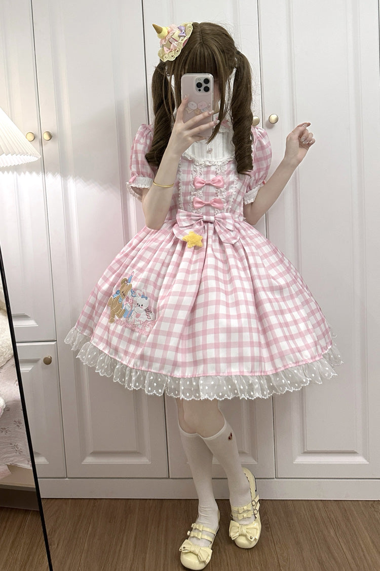 Lolita Dress - Rabbit & Bear Plaid Print, Pink, Plaid, Printed, Embroidered - additional product view 5