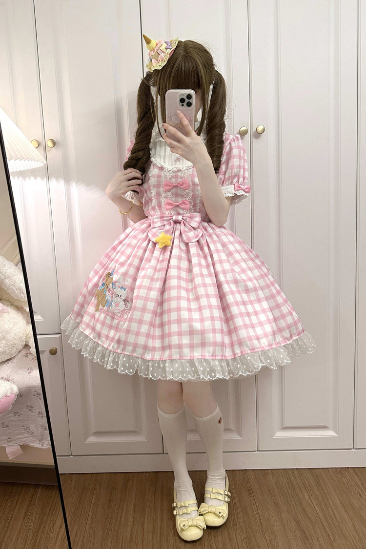 Lolita Dress - Rabbit & Bear Plaid Print, Pink, Plaid, Printed, Embroidered - additional product view 6