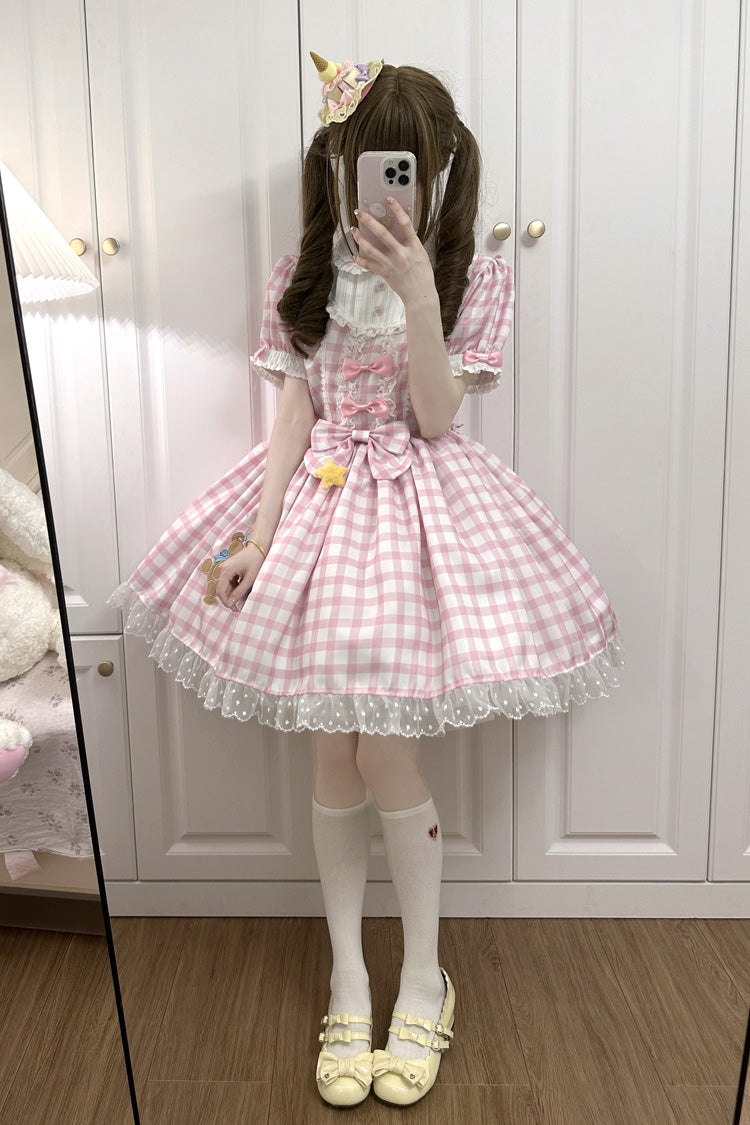 Lolita Dress - Rabbit & Bear Plaid Print, Pink, Plaid, Printed, Embroidered - main product image