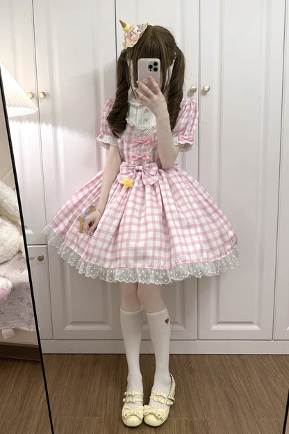Lolita Dress - Rabbit & Bear Plaid Print, Pink, Plaid, Printed, Embroidered - main product image
