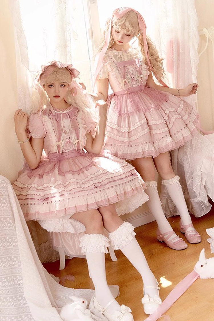 Lolita Dress - Rabbit Print, Pink, Lace Trim, Ruffled, Printed - main product image