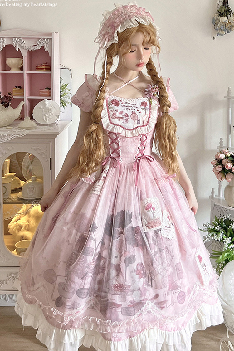 Lolita Dress - Rabbit Print Square Collar, Pink, Square Collar, Bow Detail, Lace Trim - additional product view 2