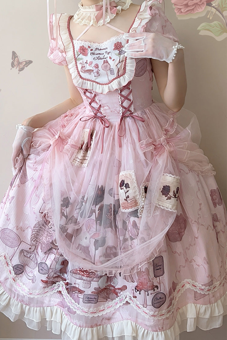 Lolita Dress - Rabbit Print Square Collar, Pink, Square Collar, Bow Detail, Lace Trim - additional product view 3