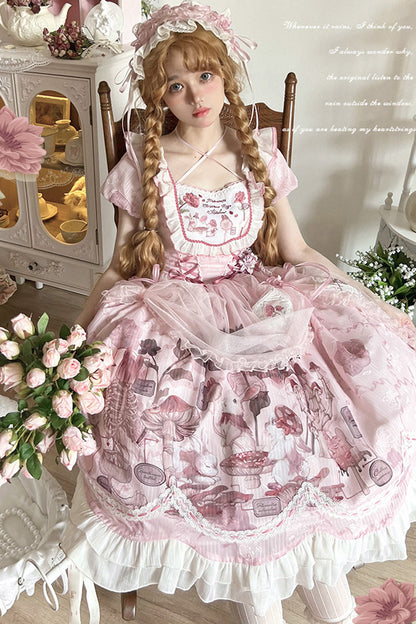 Lolita Dress - Rabbit Print Square Collar, Pink, Square Collar, Bow Detail, Lace Trim - additional product view 4