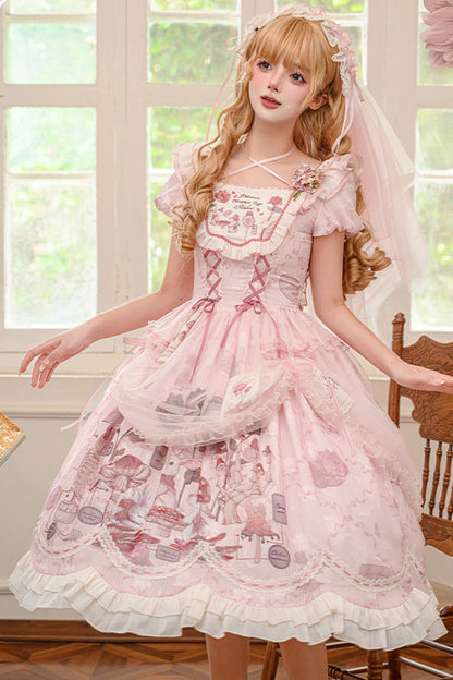 Lolita Dress - Rabbit Print Square Collar, Pink, Square Collar, Bow Detail, Lace Trim - additional product view 5