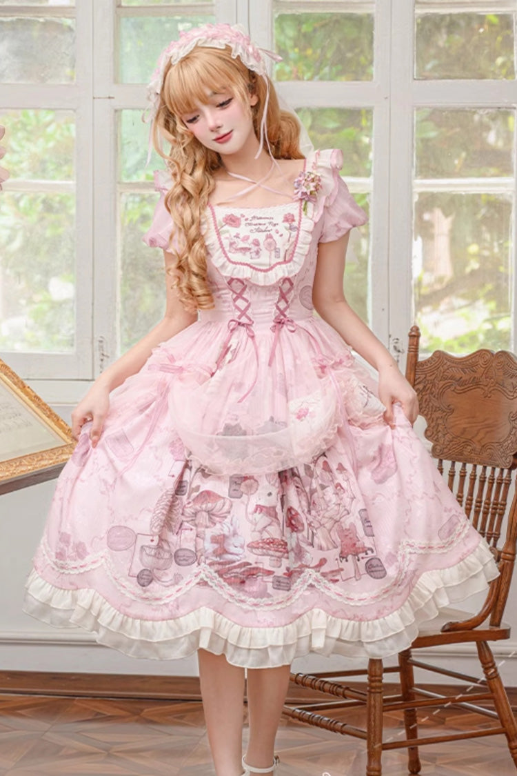 Lolita Dress - Rabbit Print Square Collar, Pink, Square Collar, Bow Detail, Lace Trim - additional product view 6
