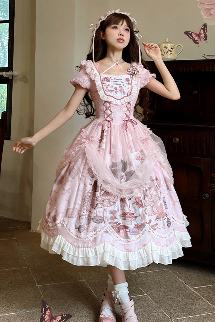 Lolita Dress - Rabbit Print Square Collar, Pink, Square Collar, Bow Detail, Lace Trim - additional product view 7