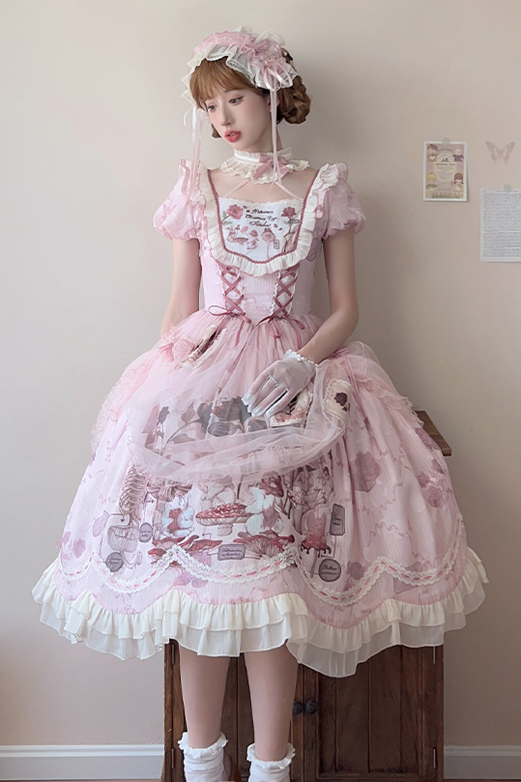 Lolita Dress - Rabbit Print Square Collar, Pink, Square Collar, Bow Detail, Lace Trim - additional product view 9