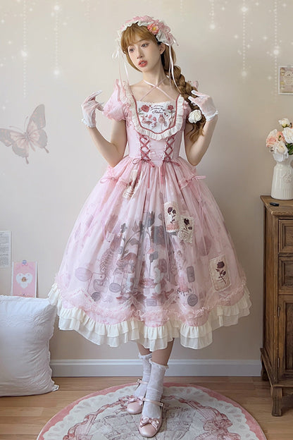 Lolita Dress - Rabbit Print Square Collar, Pink, Square Collar, Bow Detail, Lace Trim - additional product view 10