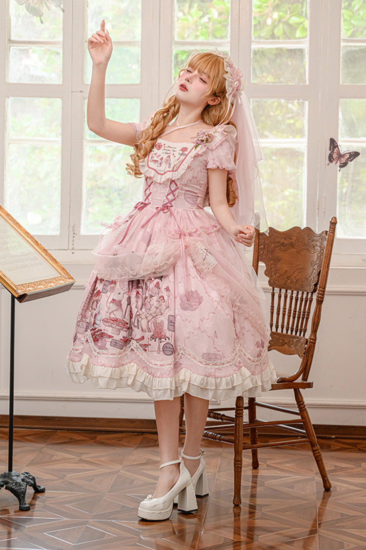 Lolita Dress - Rabbit Print Square Collar, Pink, Square Collar, Bow Detail, Lace Trim - additional product view 11