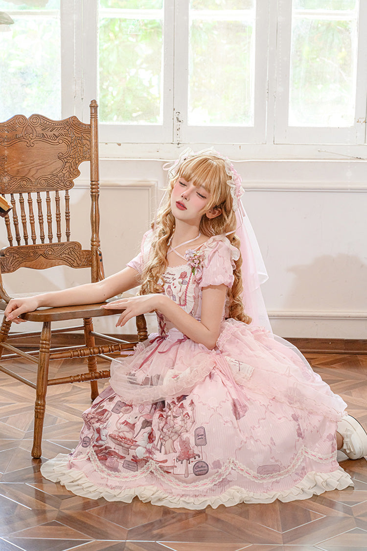 Lolita Dress - Rabbit Print Square Collar, Pink, Square Collar, Bow Detail, Lace Trim - additional product view 12