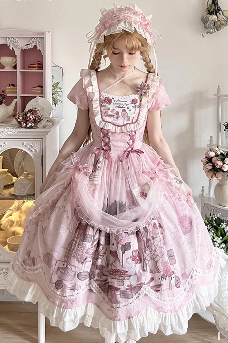 Lolita Dress - Rabbit Print Square Collar, Pink, Square Collar, Bow Detail, Lace Trim - main product image