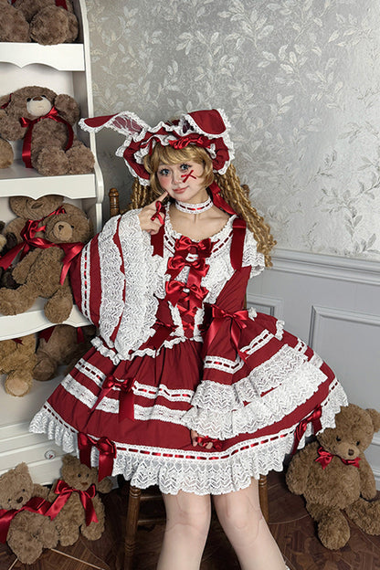 Lolita Dress - Rabbit Sleeping Doll, Red, Bow Detail, Lace Trim, Ruffled - additional product view 4