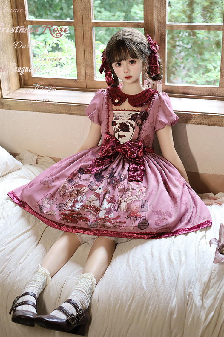 Lolita Dress - Rabbit Sunflower Print Ruffle, Red, Detachable Detail, Bow Detail, Ruffled - additional product view 2
