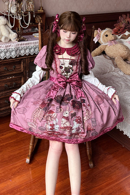 Lolita Dress - Rabbit Sunflower Print Ruffle, Red, Detachable Detail, Bow Detail, Ruffled - additional product view 4