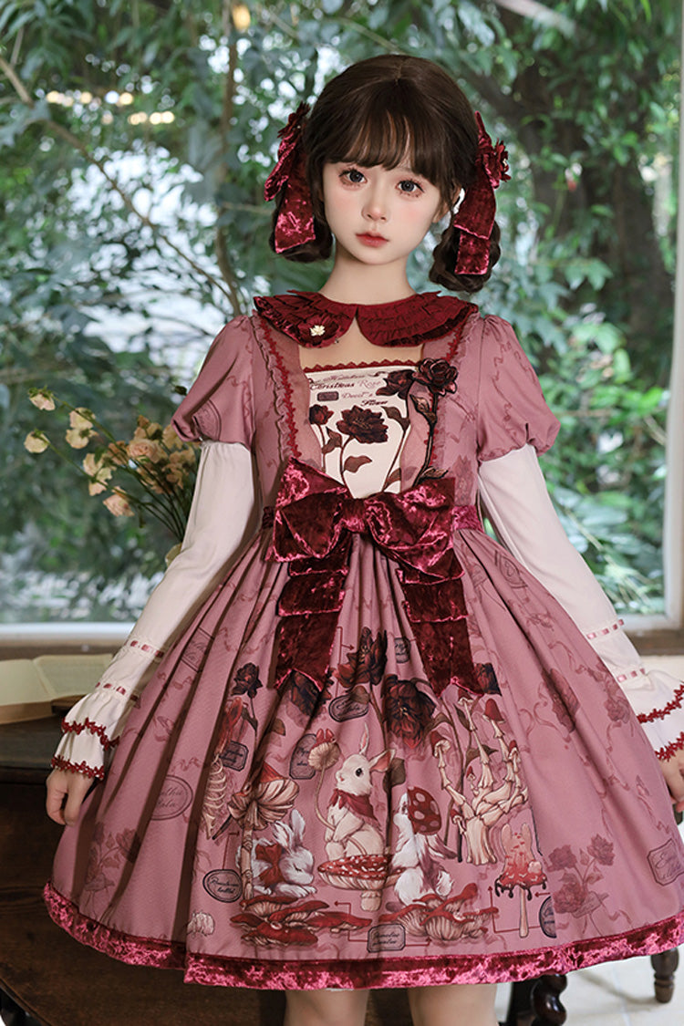 Lolita Dress - Rabbit Sunflower Print Ruffle, Red, Detachable Detail, Bow Detail, Ruffled - main product image
