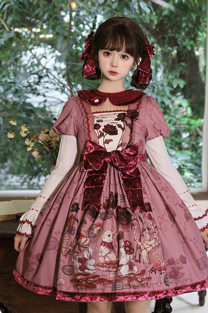 Lolita Dress - Rabbit Sunflower Print Ruffle, Red, Detachable Detail, Bow Detail, Ruffled - main product image