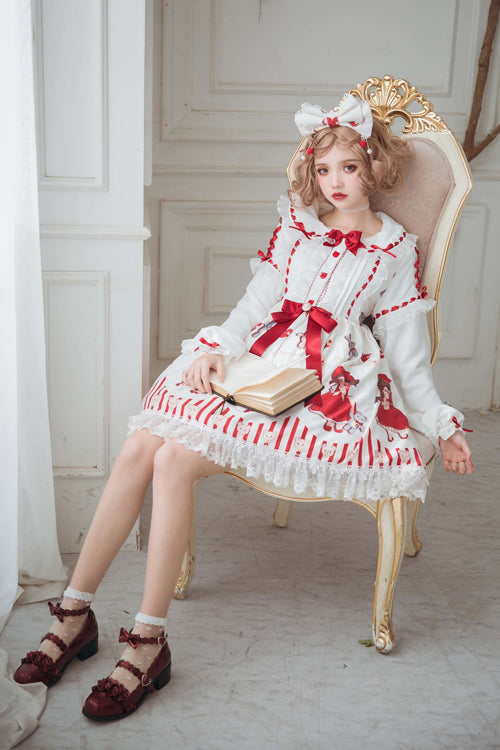 Lolita Dress - Red/white Chiffon Round Collar, 2 Colors, Sweet Style, Ruffled, Printed - additional product view 2