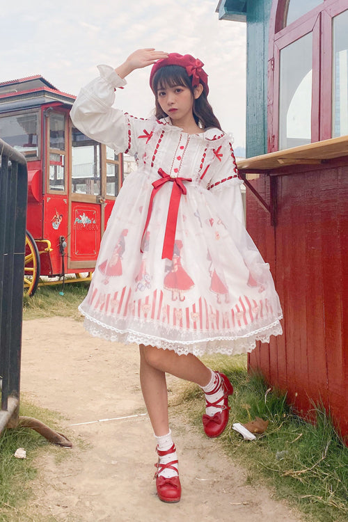 Lolita Dress - Red/white Chiffon Round Collar, 2 Colors, Sweet Style, Ruffled, Printed - additional product view 3